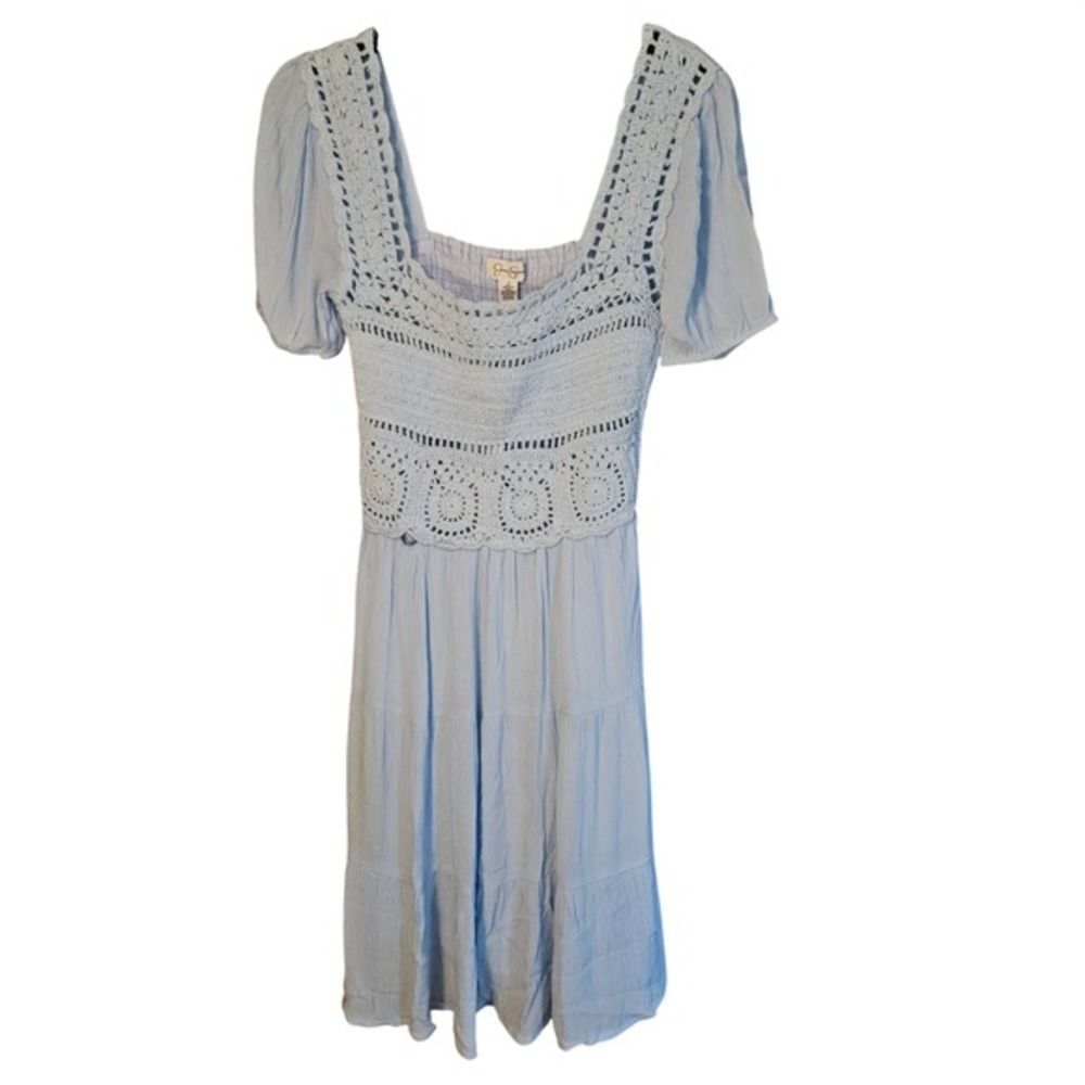 Jessica Simpson Light Blue Crochet Boho Tiered Midi Dress Small Square Neck READ